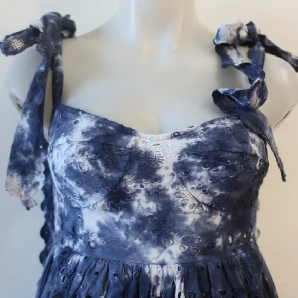 Womens LoveShackFancy Navy Blue White Tie Dye Eyelet Shoulder Ties Midi Dress 0 - Picture 6 of 15